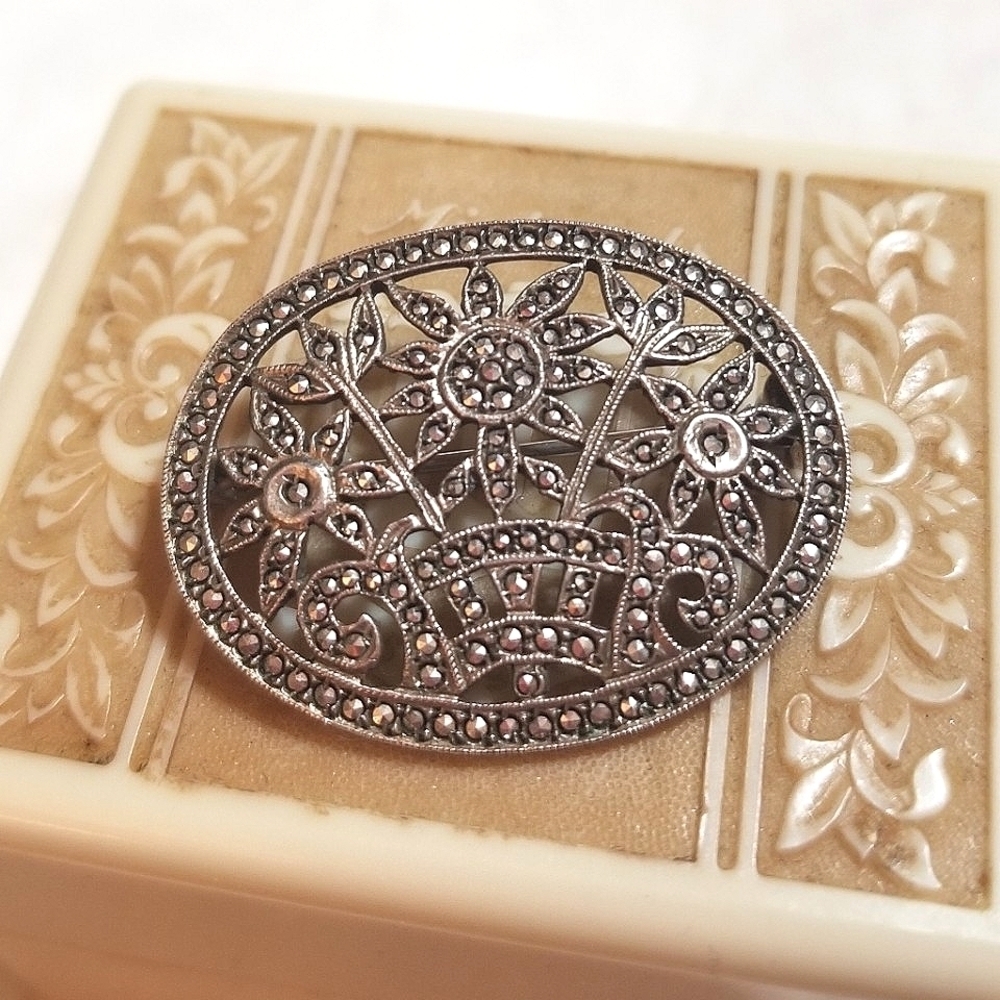 Antique 1930s Art Deco Sterling Marcasite Flower Basket Brooch
